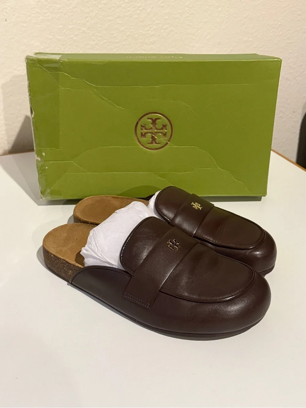 Tory Burch Everly cork leather mules deep mocha brown size 6.5 like new w/box